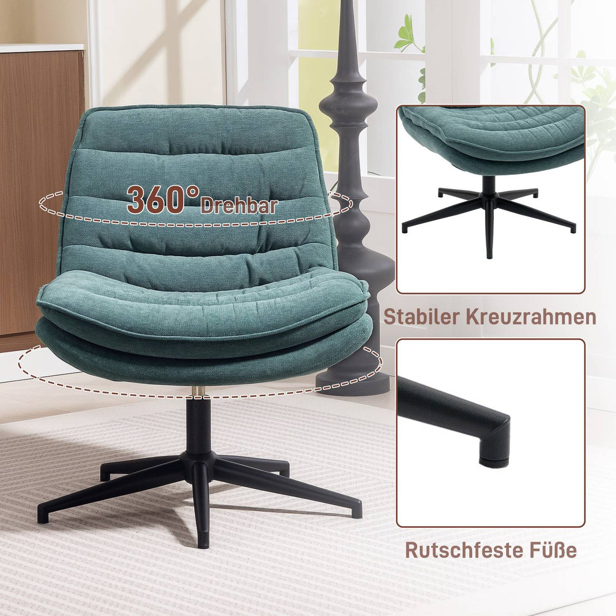 Swivel office chair with wide seat, spacious upholstered chair for the office, study, dark green