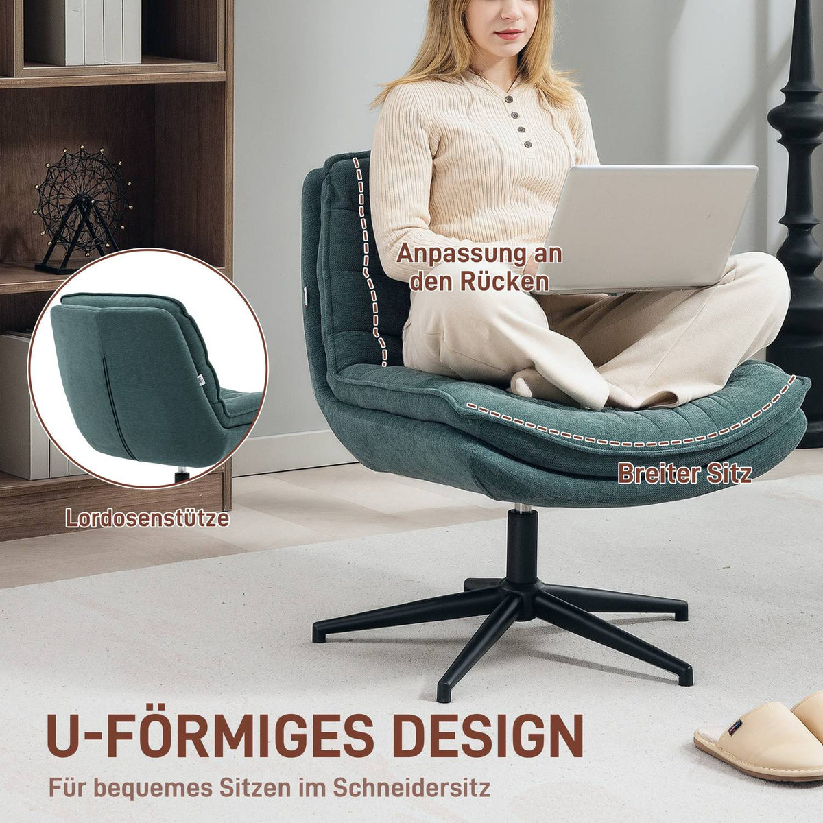 Swivel office chair with wide seat, spacious upholstered chair for the office, study, dark green