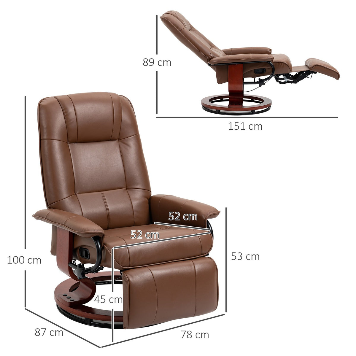 Swivel reclining chair, TV chair with reclining function, footrest, reclining chair with armrest, for living room, bedroom, faux leather