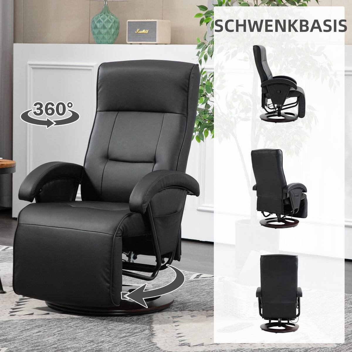 Swivel upholstered chair, faux leather, footrest, wooden base, tiltable, black