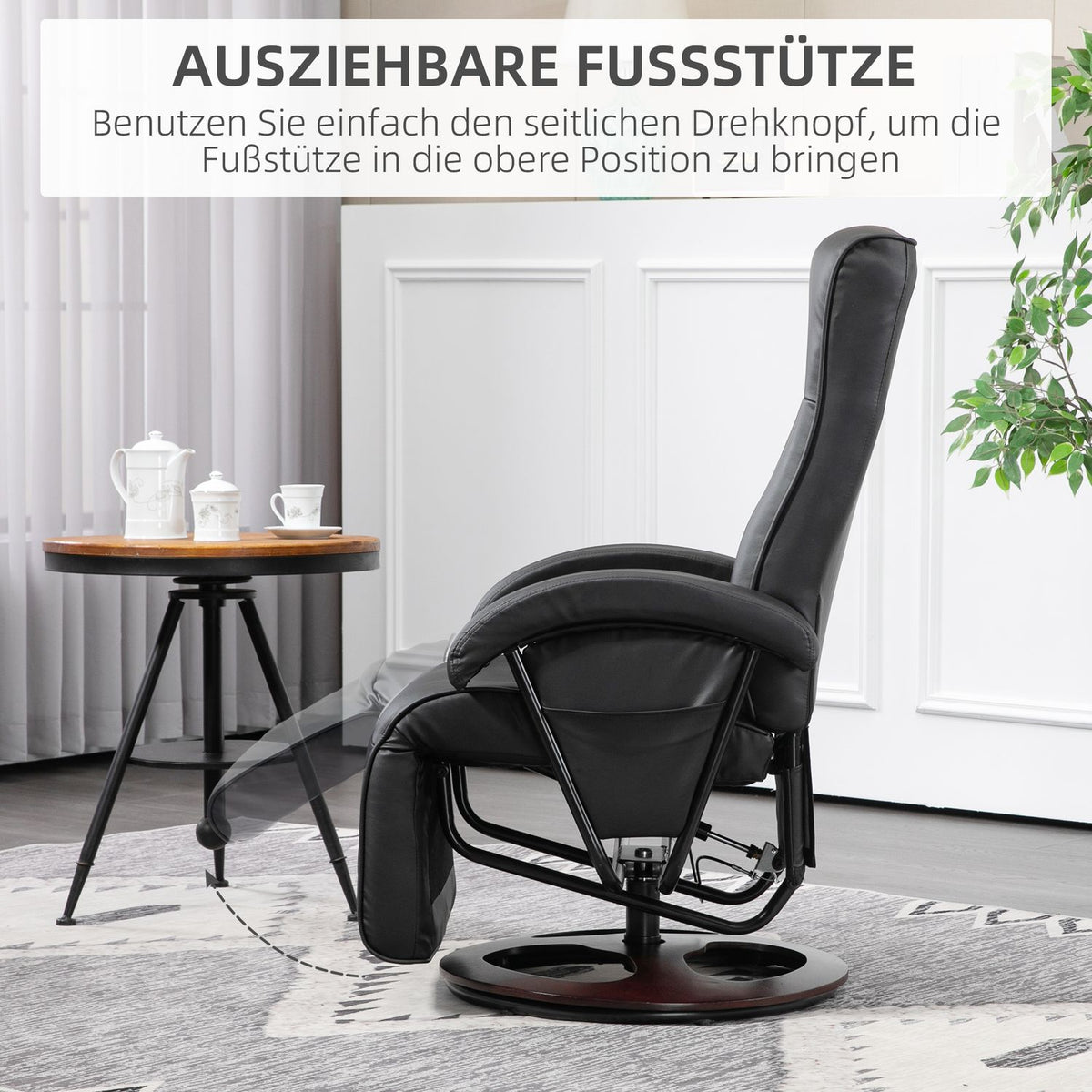 Swivel upholstered chair, faux leather, footrest, wooden base, tiltable, black