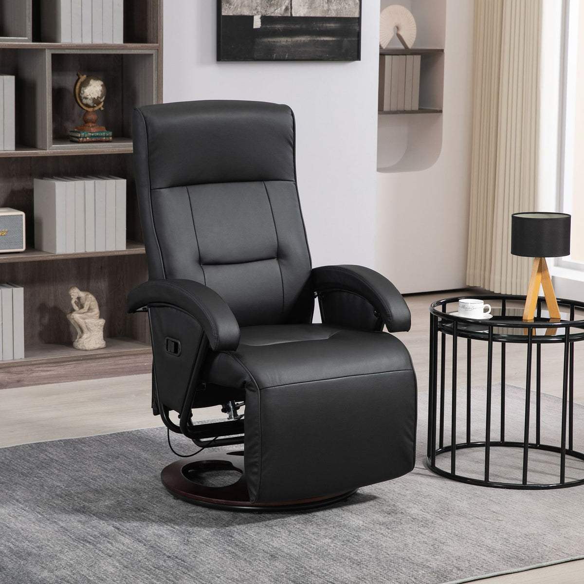 Swivel upholstered chair, faux leather, footrest, wooden base, tiltable, black