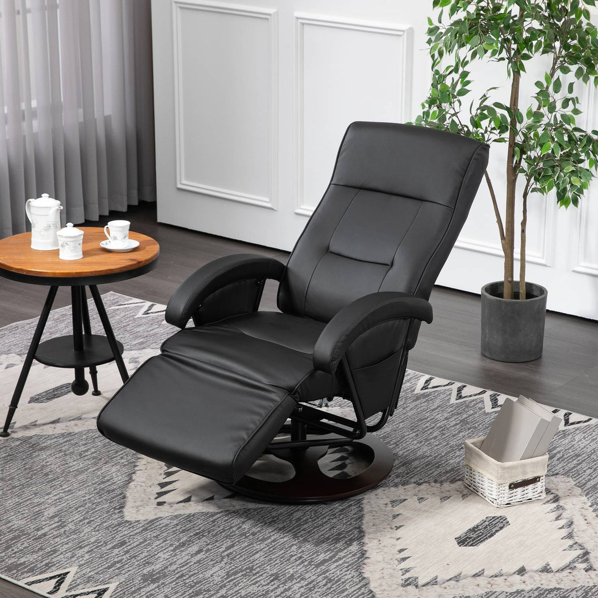 Swivel upholstered chair, faux leather, footrest, wooden base, tiltable, black