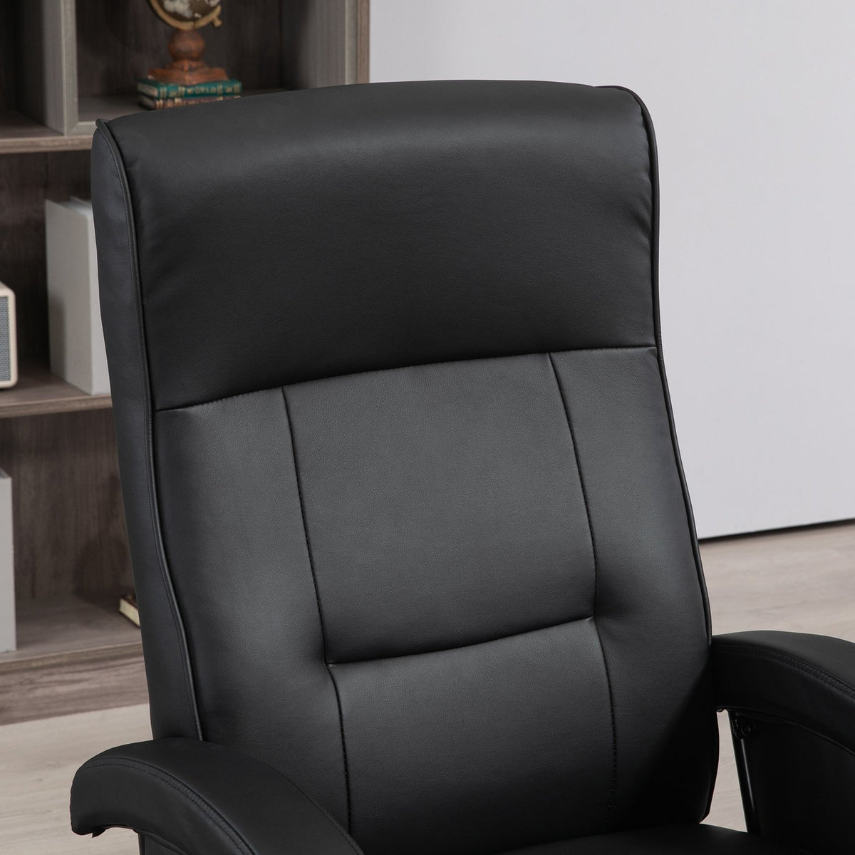 Swivel upholstered chair, faux leather, footrest, wooden base, tiltable, black