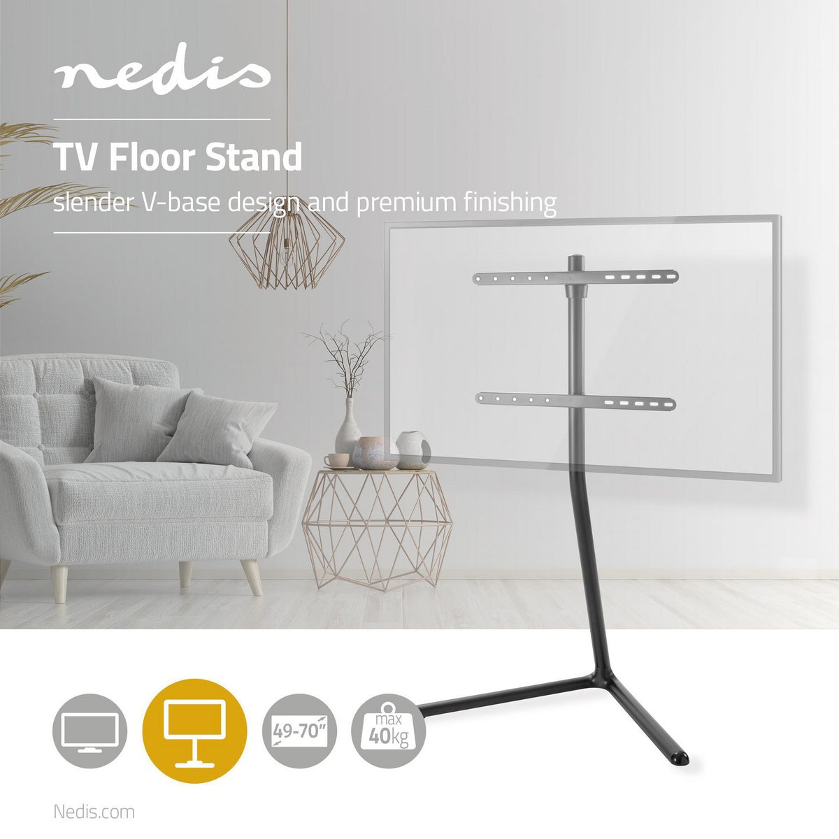 TV Floor Stand | 49 - 70 " | Maximum supported screen weight: 40 kg | V-shape Design | Anti-tip strap | Snap-lock | Aluminium / Steel | Black