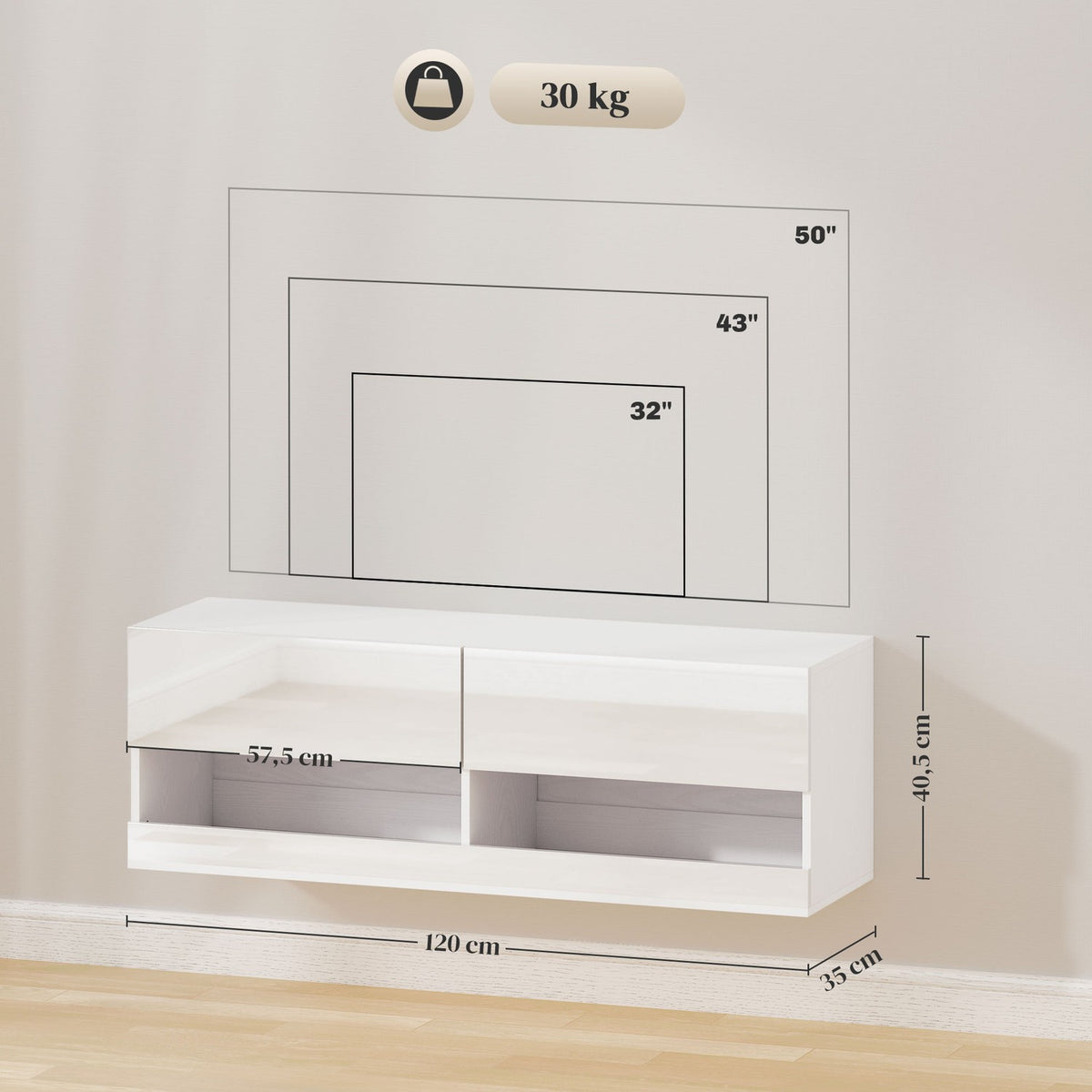 TV Hanging Cabinet with Colorful LED Lighting, 16 Flashing Modes, Wall Mounted TV Cabinet, Chest of Drawers, Open Shelves, 120 x 35 x 40.5 cm, High Gloss White