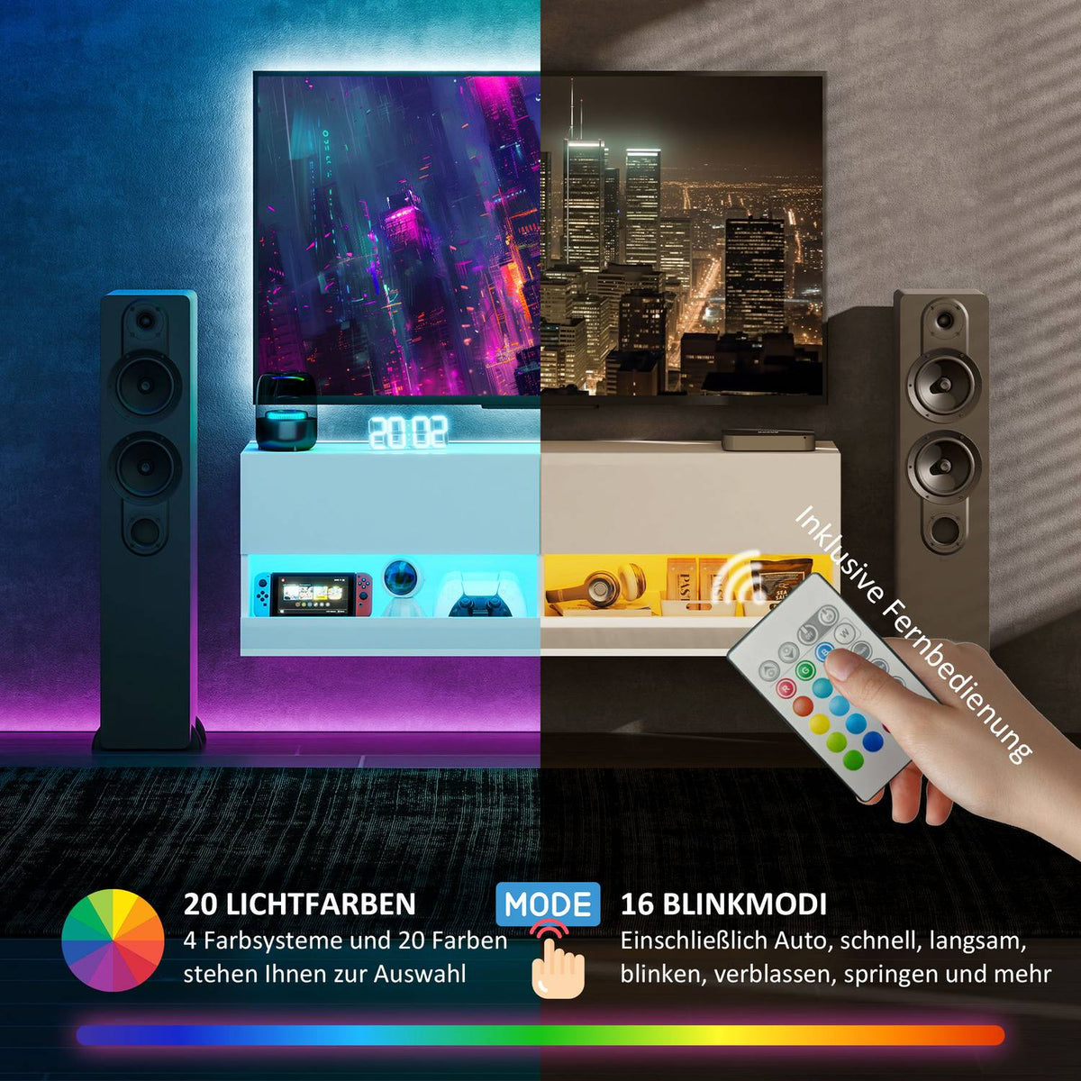 TV Hanging Cabinet with Colorful LED Lighting, 16 Flashing Modes, Wall Mounted TV Cabinet, Chest of Drawers, Open Shelves, 120 x 35 x 40.5 cm, High Gloss White