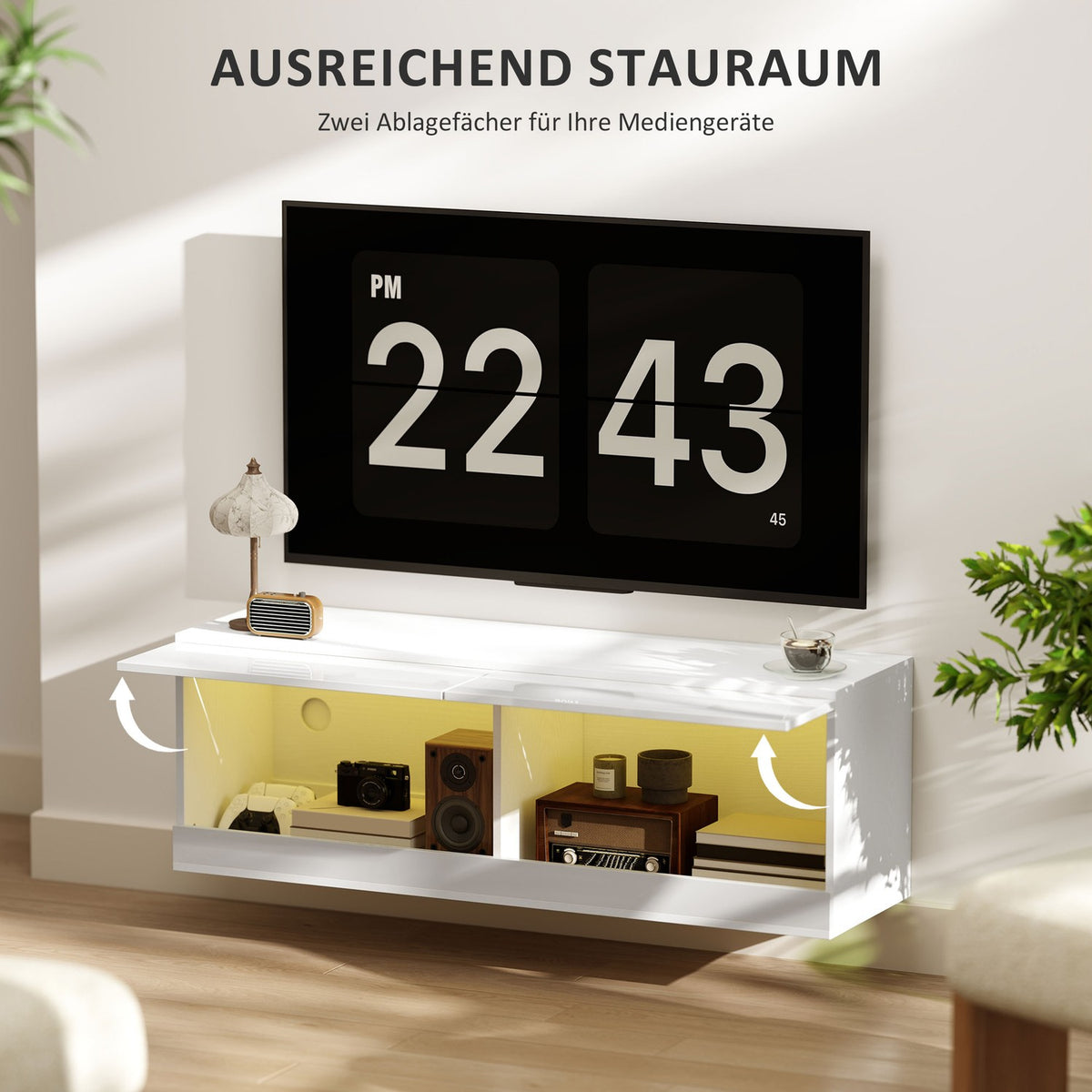 TV Hanging Cabinet with Colorful LED Lighting, 16 Flashing Modes, Wall Mounted TV Cabinet, Chest of Drawers, Open Shelves, 120 x 35 x 40.5 cm, High Gloss White