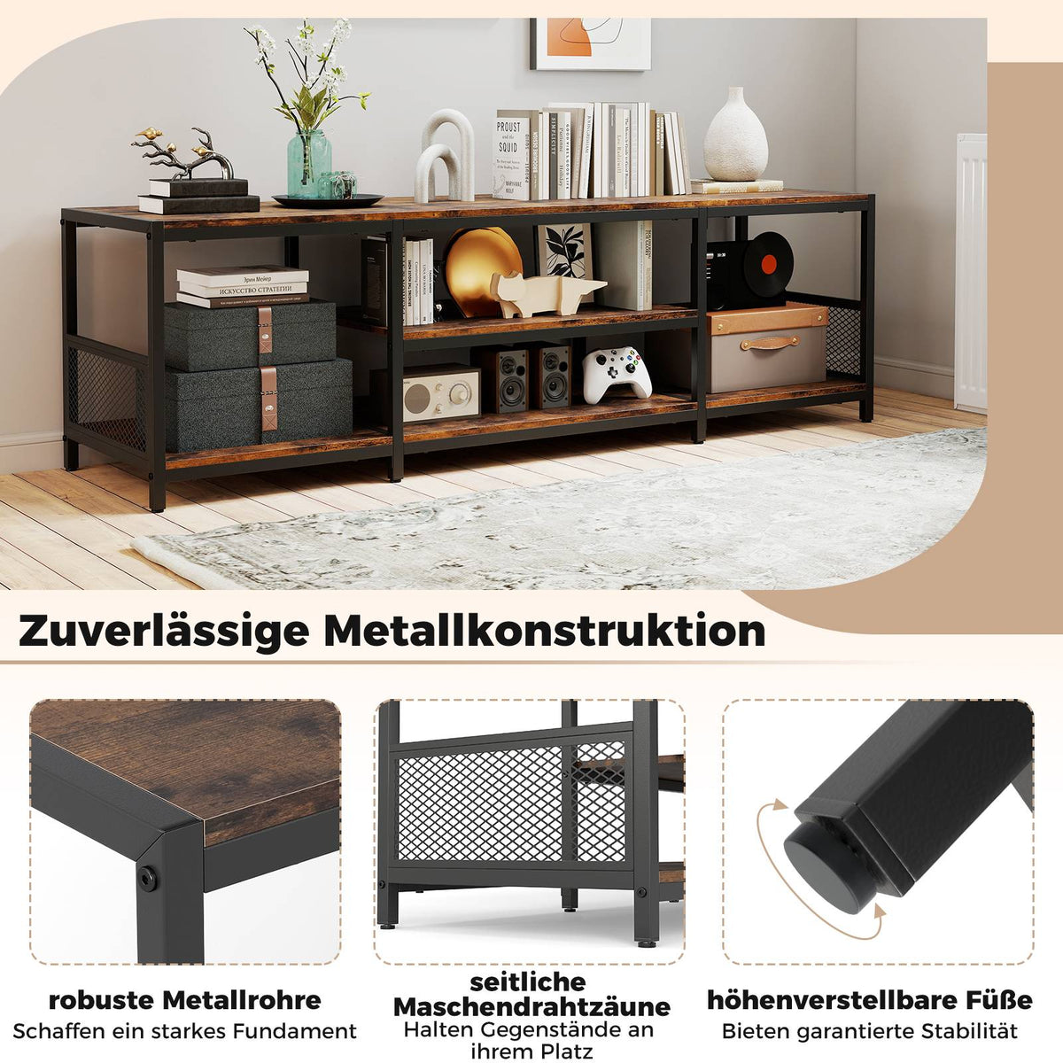 TV Stand for 65-Inch TVs, Industrial Style, Metal Frame