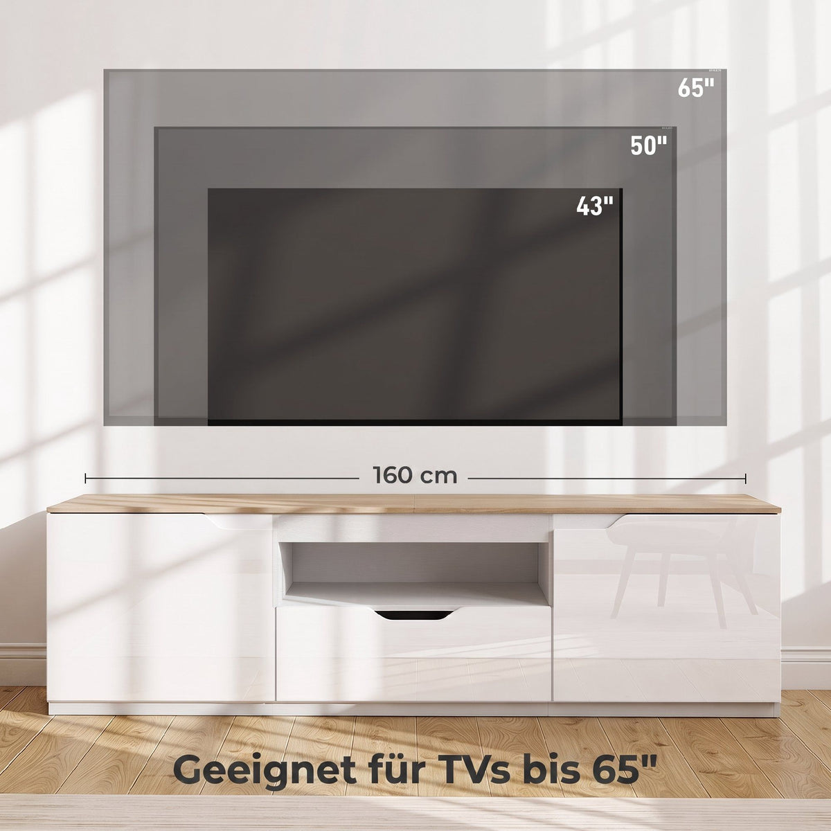 TV Stand for 65" TVs, Natural Wood, 160 cm, 3 Shelves