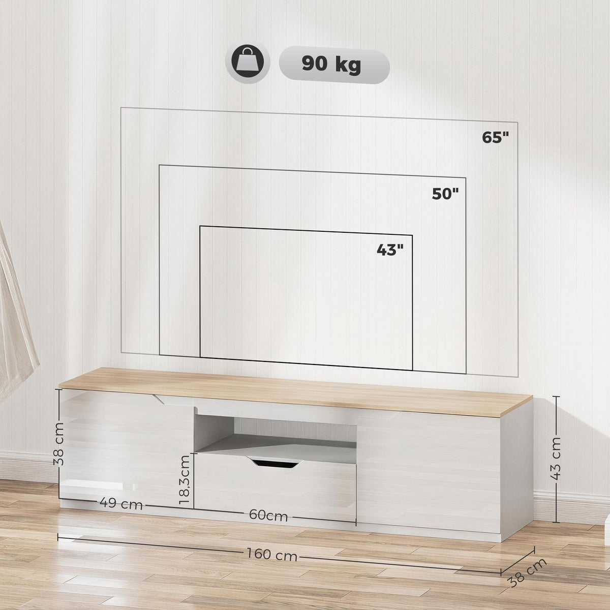 TV Stand for 65" TVs, Natural Wood, 160 cm, 3 Shelves