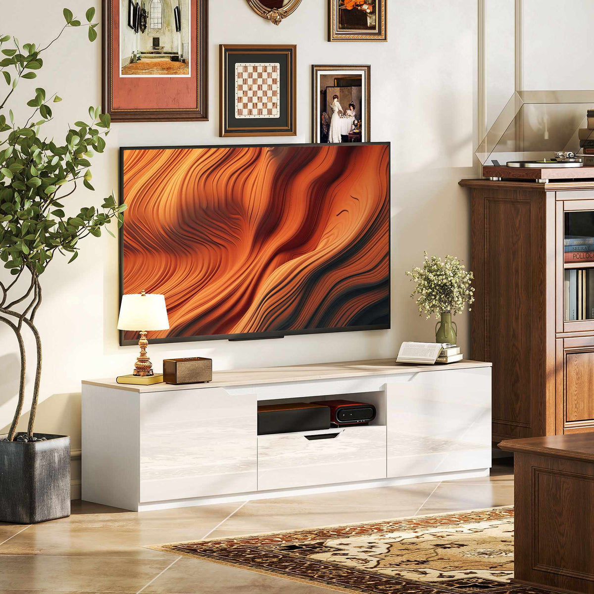 TV Stand for 65" TVs, Natural Wood, 160 cm, 3 Shelves