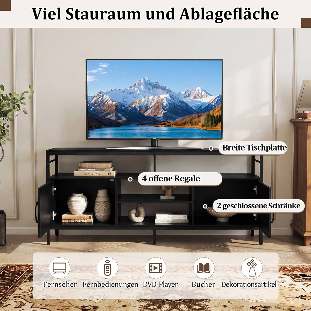 TV Stand for 65" TVs with 2 Cabinets & 4 Shelves, Black