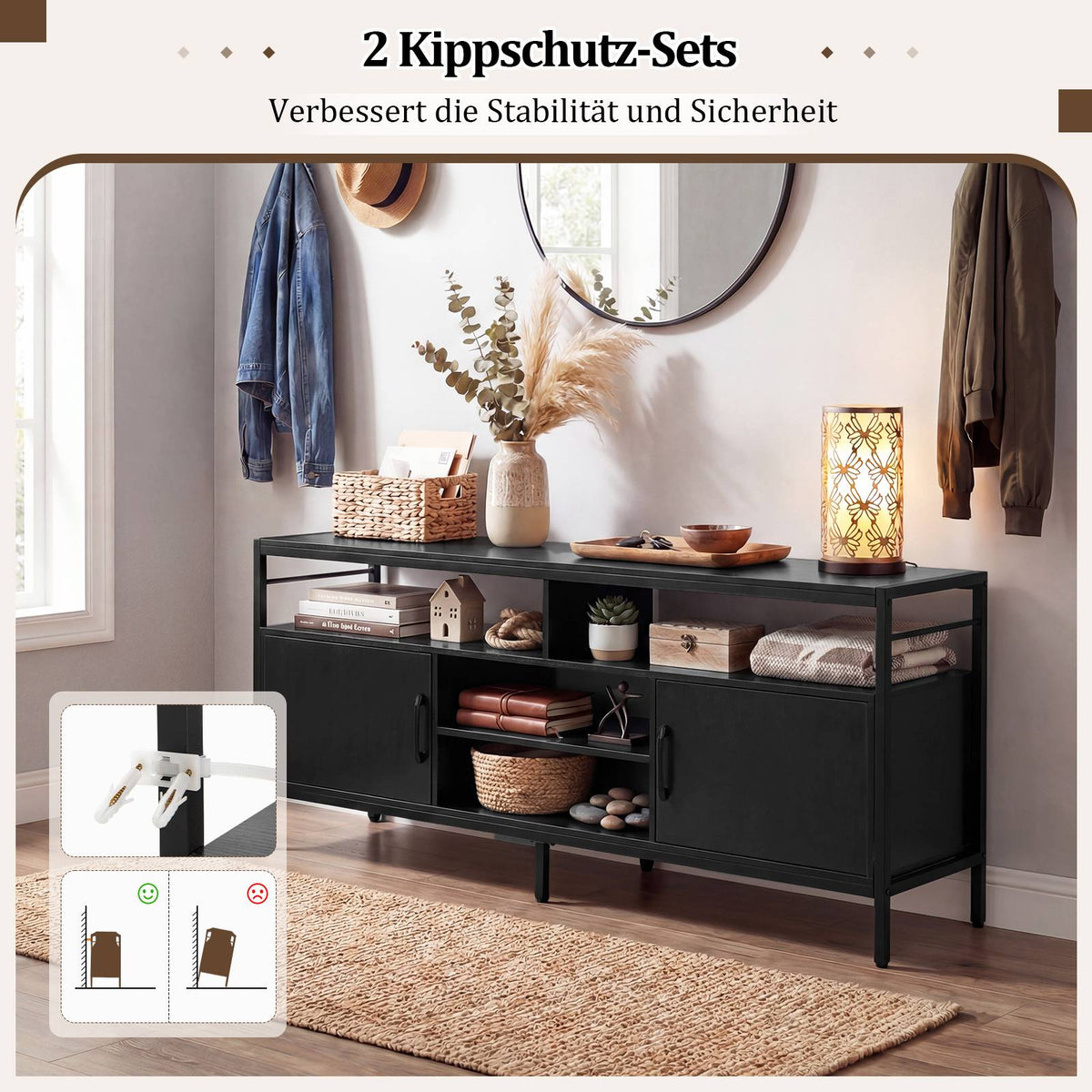 TV Stand for 65" TVs with 2 Cabinets & 4 Shelves, Black