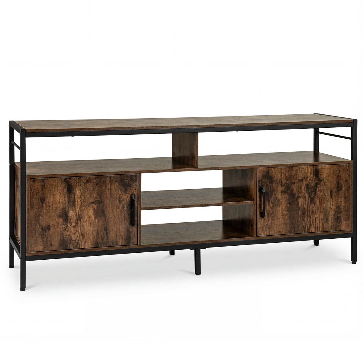 TV Stand for 65" TVs with 2 Cabinets & 4 Shelves, Rustic Brown