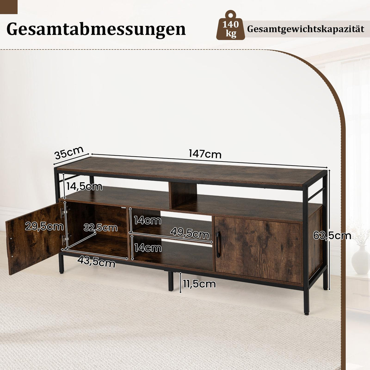 TV Stand for 65" TVs with 2 Cabinets & 4 Shelves, Rustic Brown