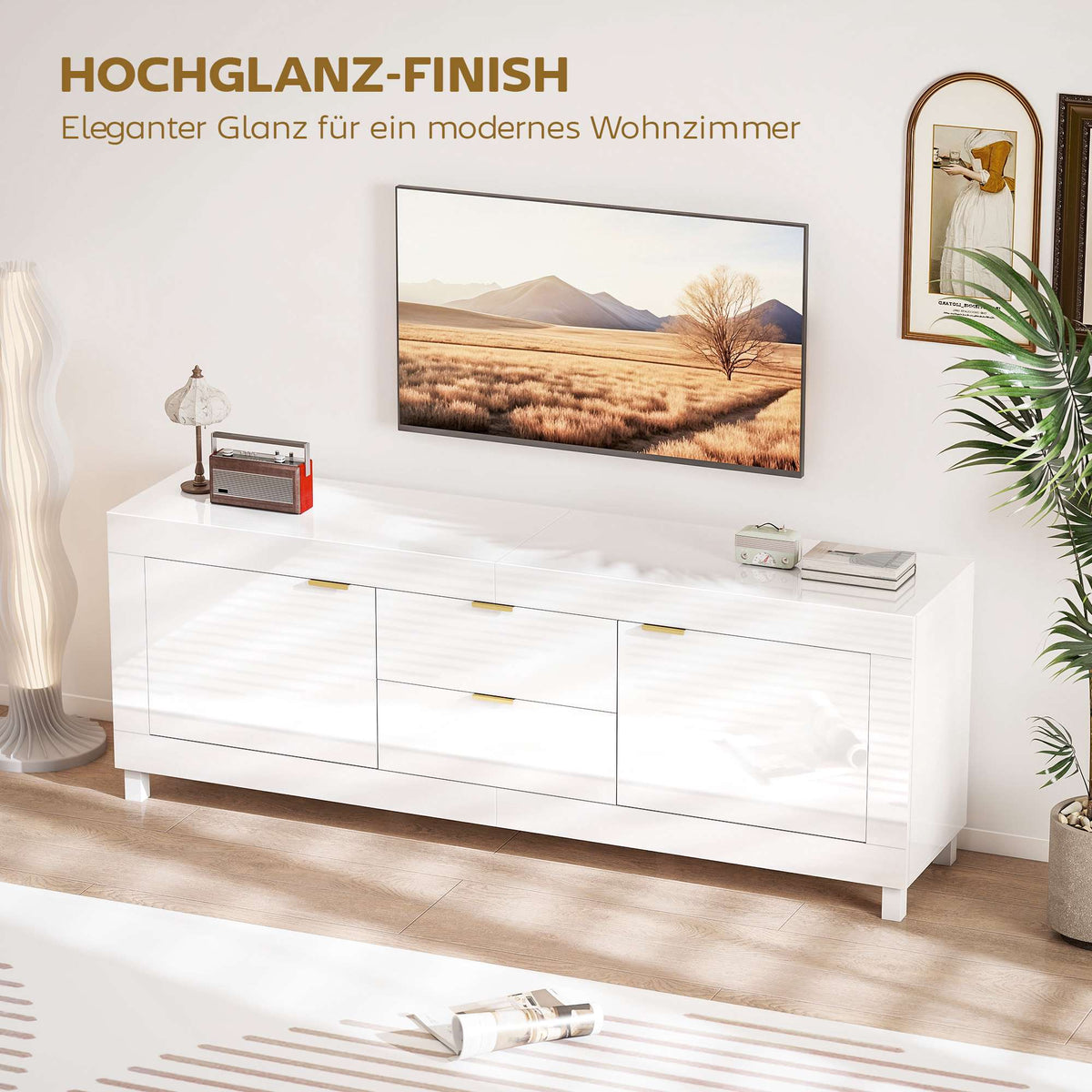 TV Stand for 75" TVs, High Gloss White, 180cm, 2 Cabinets
