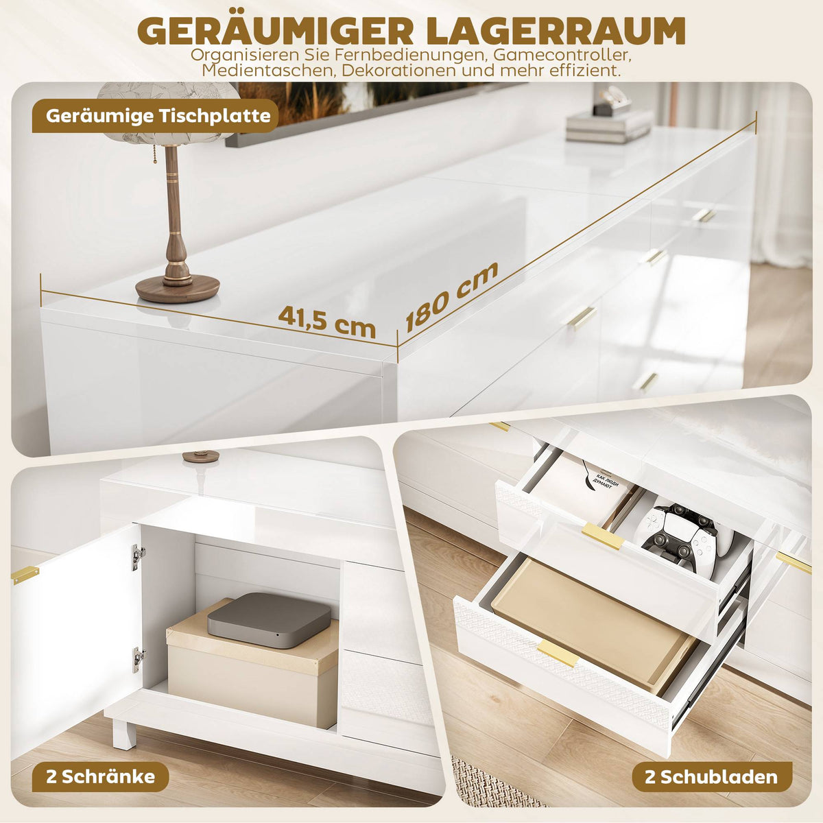 TV Stand for 75" TVs, High Gloss White, 180cm, 2 Cabinets