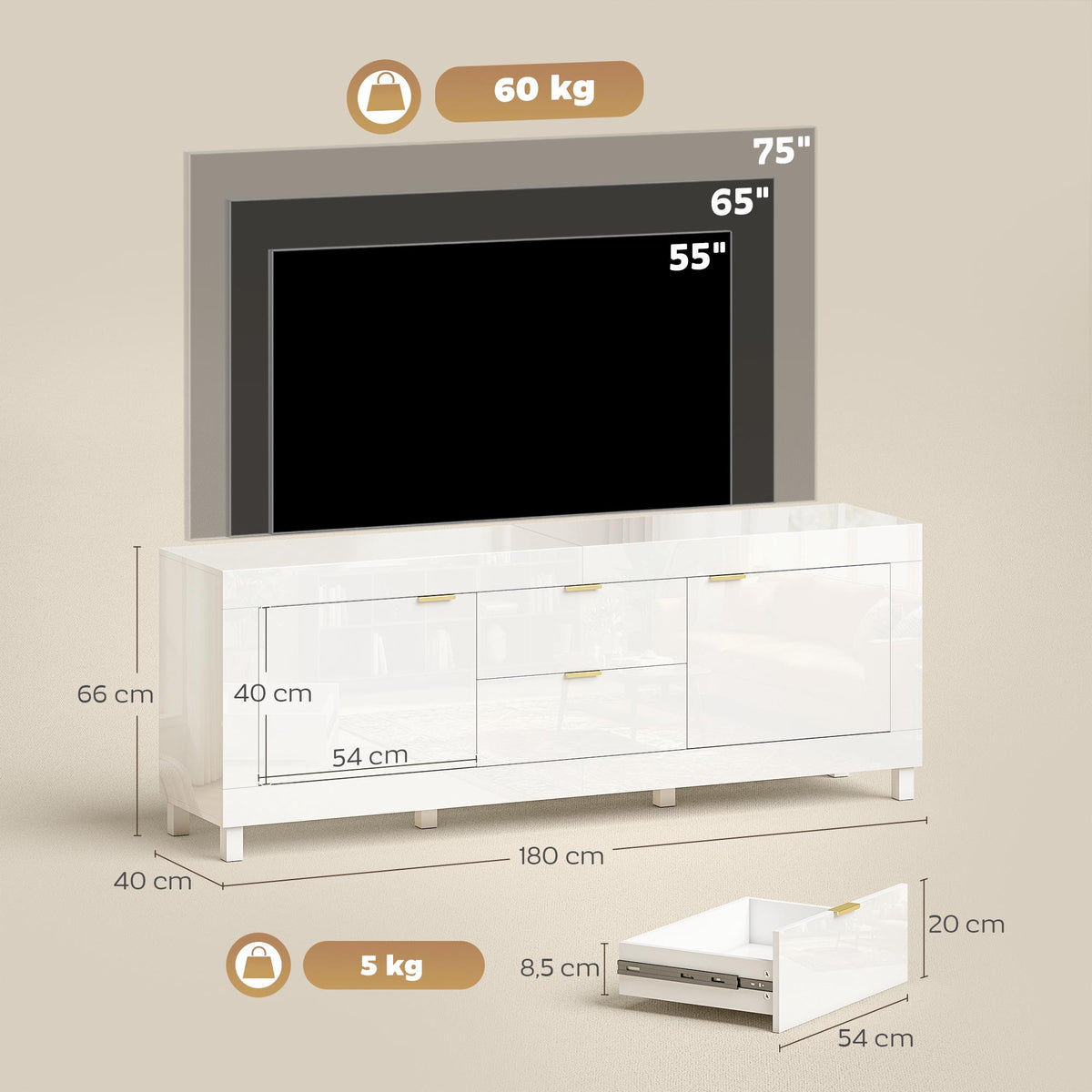 TV Stand for 75" TVs, High Gloss White, 180cm, 2 Cabinets