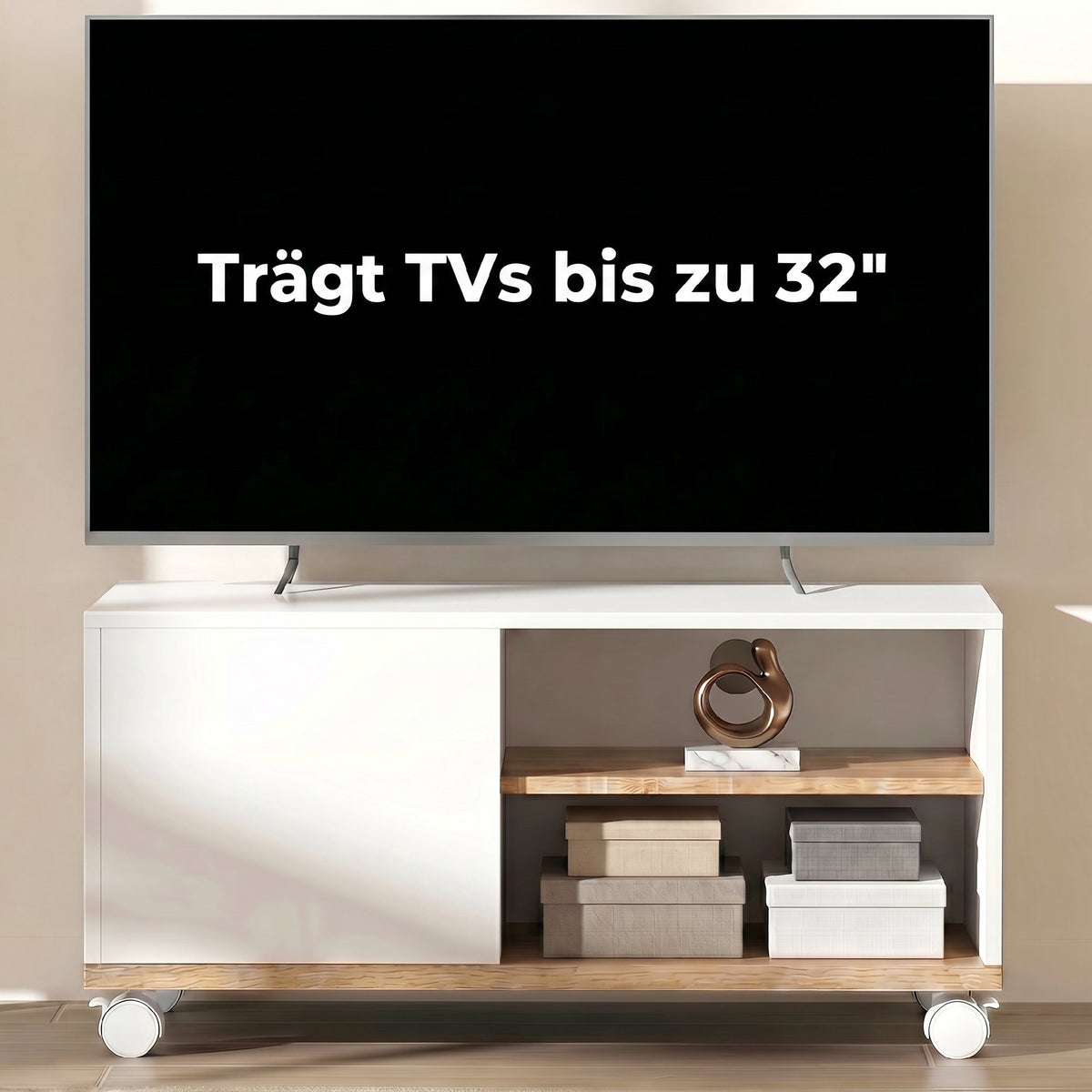 TV Stand on Wheels With Brakes, Adjustable Shelf, White Oak
