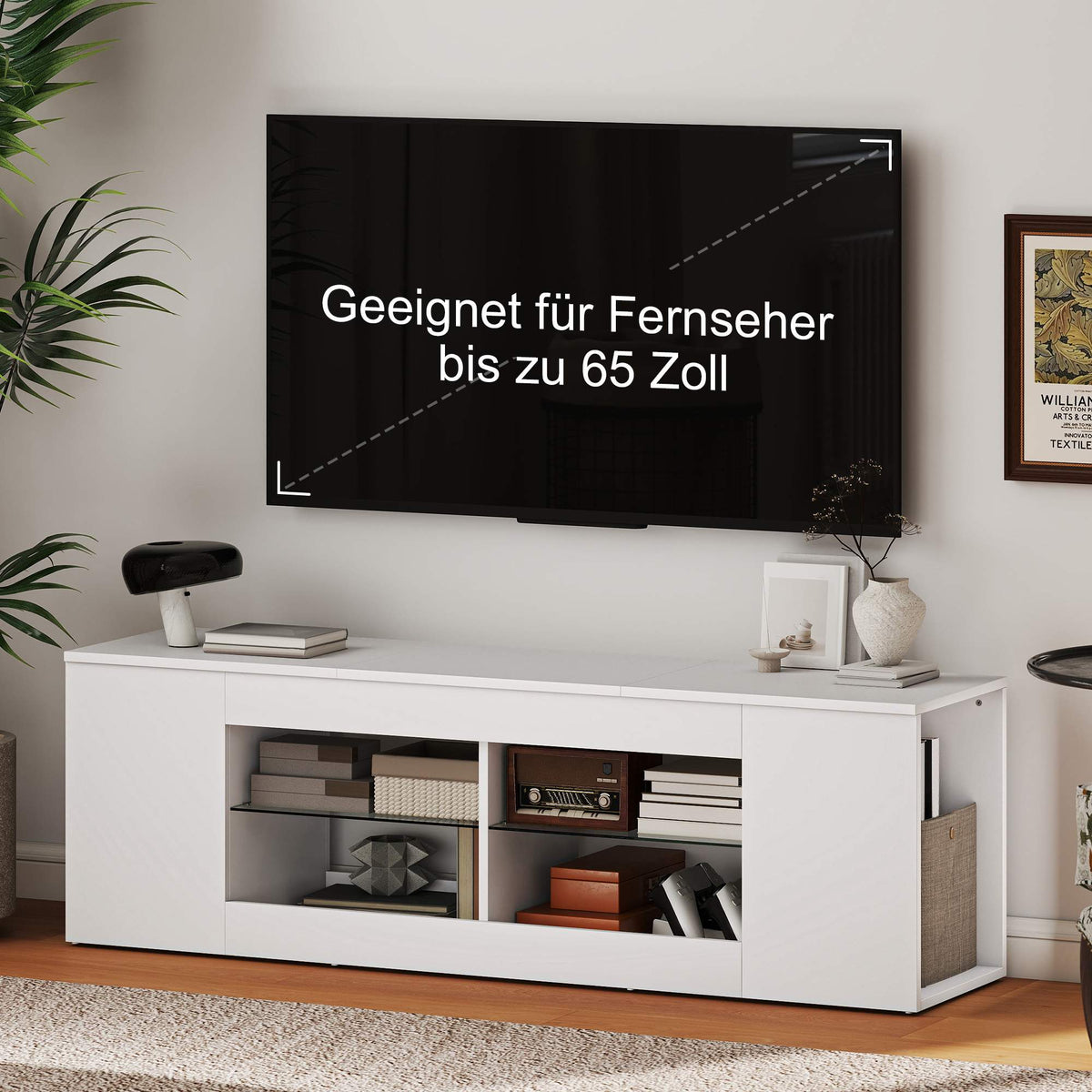 TV Stand with 6 Shelves, 2 Glass Racks, 140 cm, White