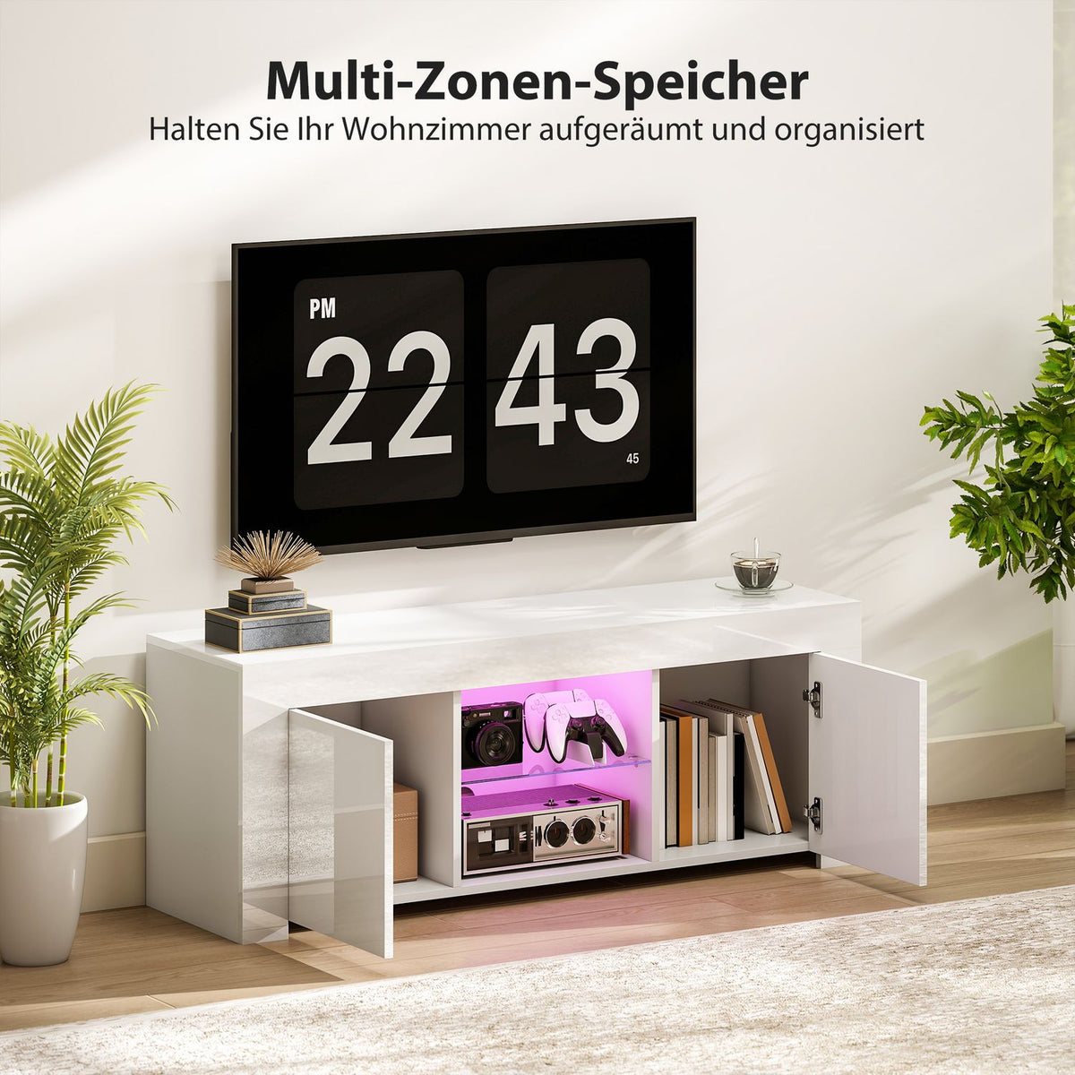 TV Stand with RGB LED Lights, Glossy White Finish