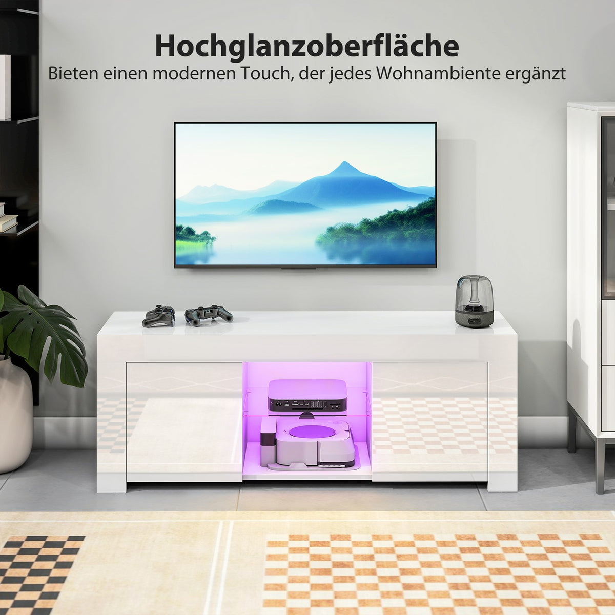 TV Stand with RGB LED Lights, Glossy White Finish