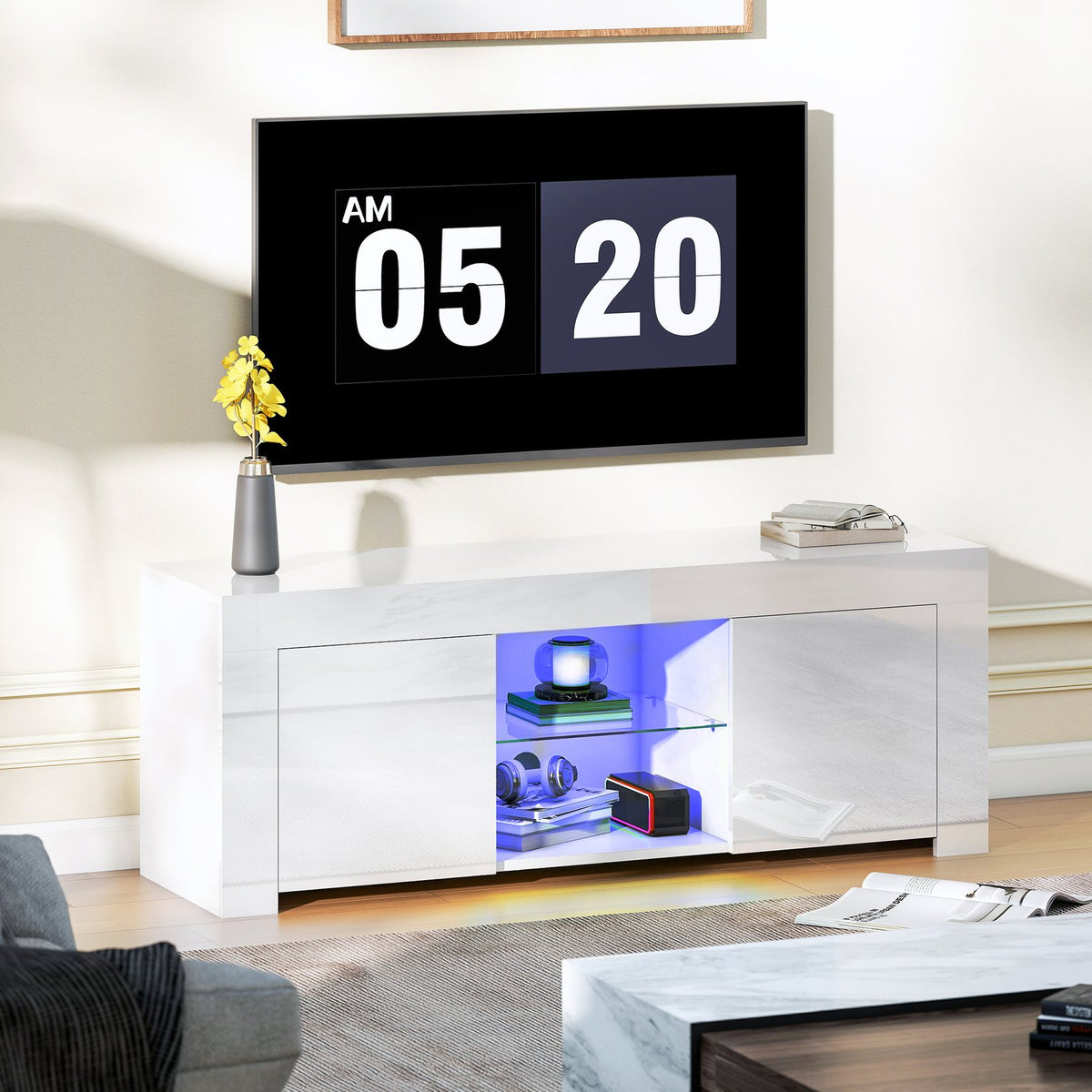 TV Stand with RGB LED Lights, Glossy White Finish