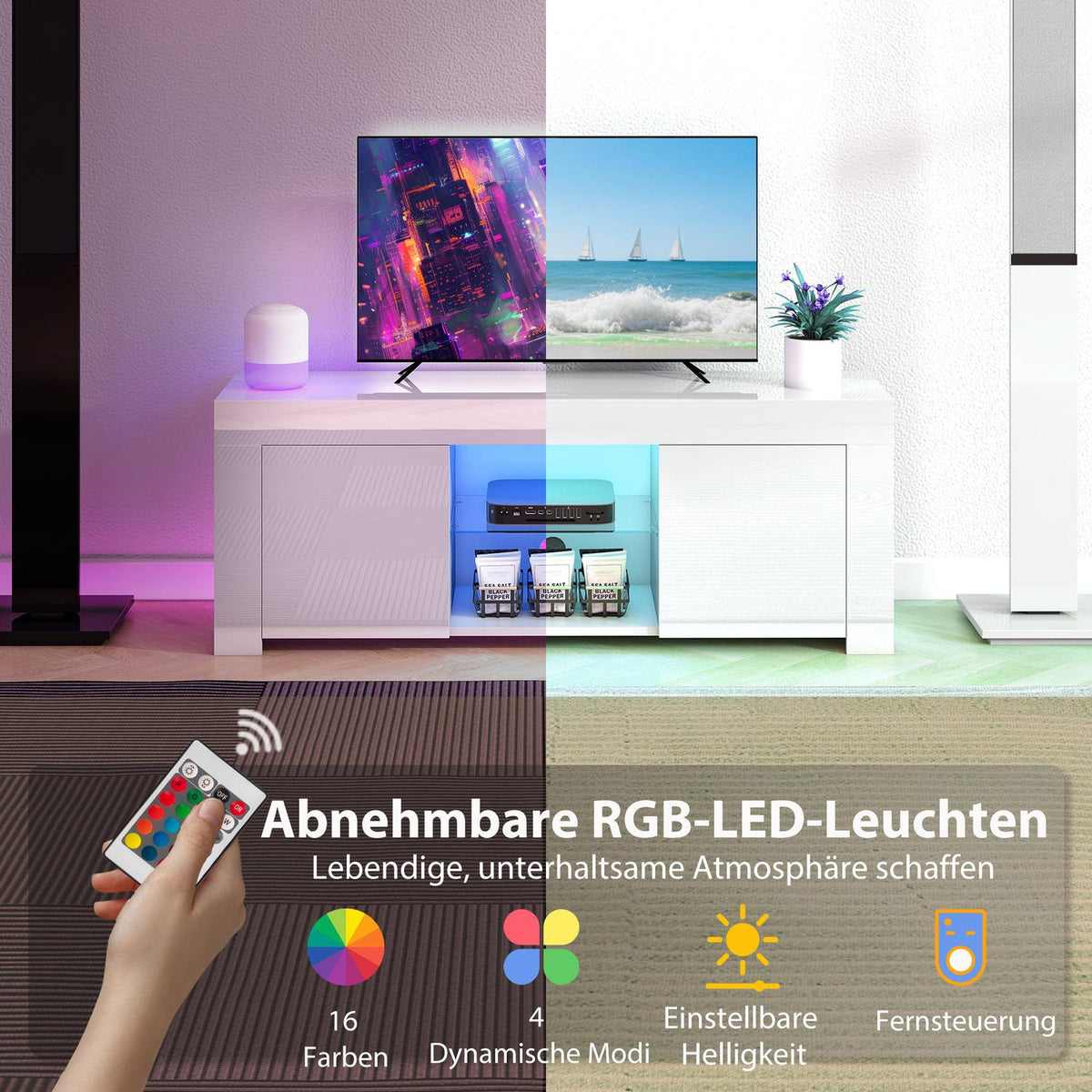 TV Stand with RGB LED Lights, Glossy White Finish