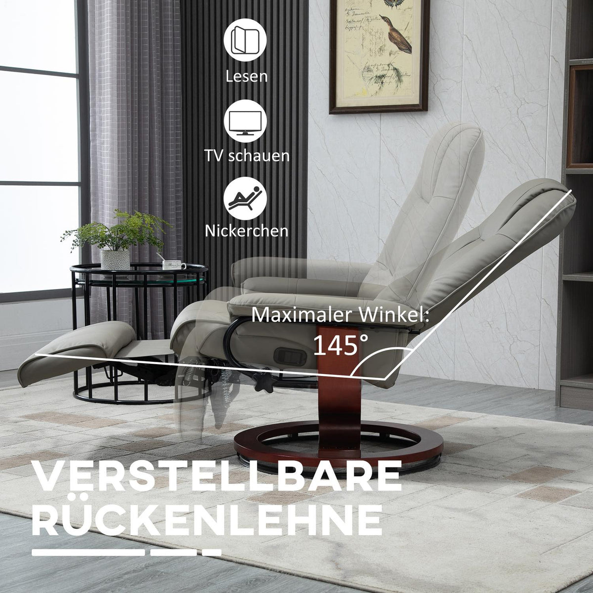 TV armchair electric, 145° tiltable, with reclining function, side buttons, footrest, relaxation chair, imitation leather, 78 x 87 x 100 cm, gray