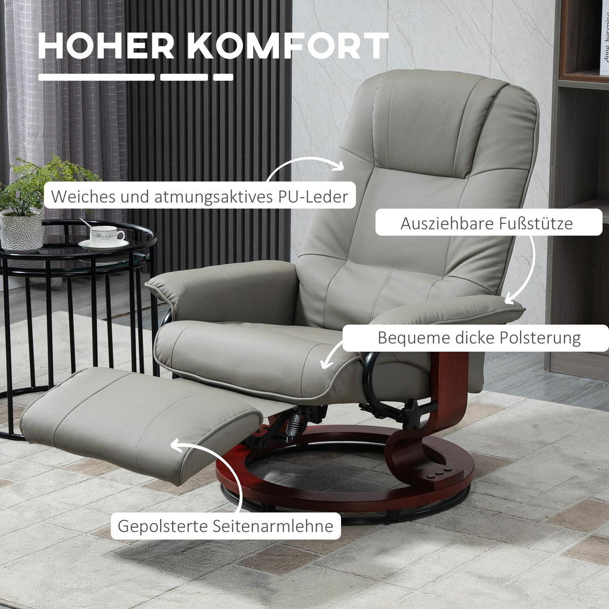 TV armchair electric, 145° tiltable, with reclining function, side buttons, footrest, relaxation chair, imitation leather, 78 x 87 x 100 cm, gray