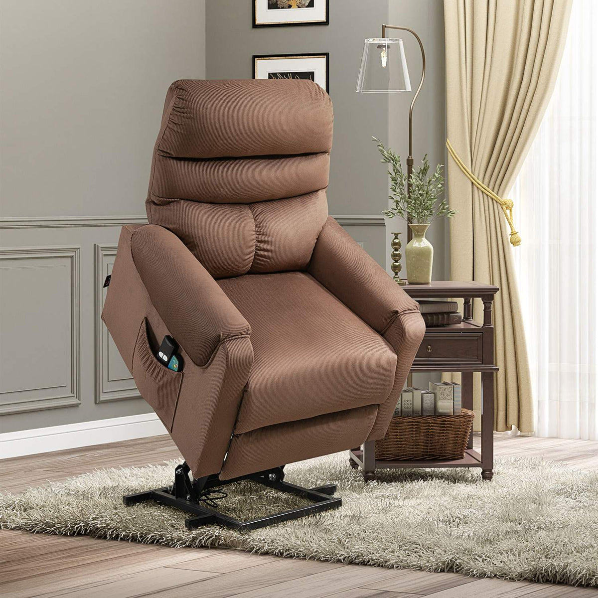 TV armchair, electric stand-up chair with massage function, remote control, heating, reclining function, polyester, light brown, 79x97x103cm