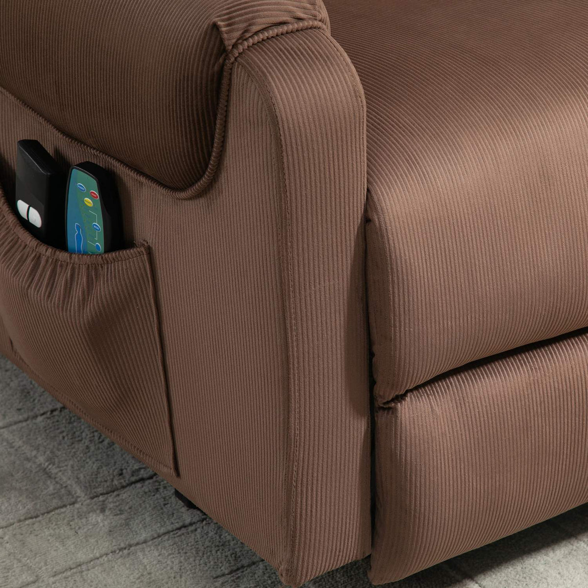 TV armchair, electric stand-up chair with massage function, remote control, heating, reclining function, polyester, light brown, 79x97x103cm