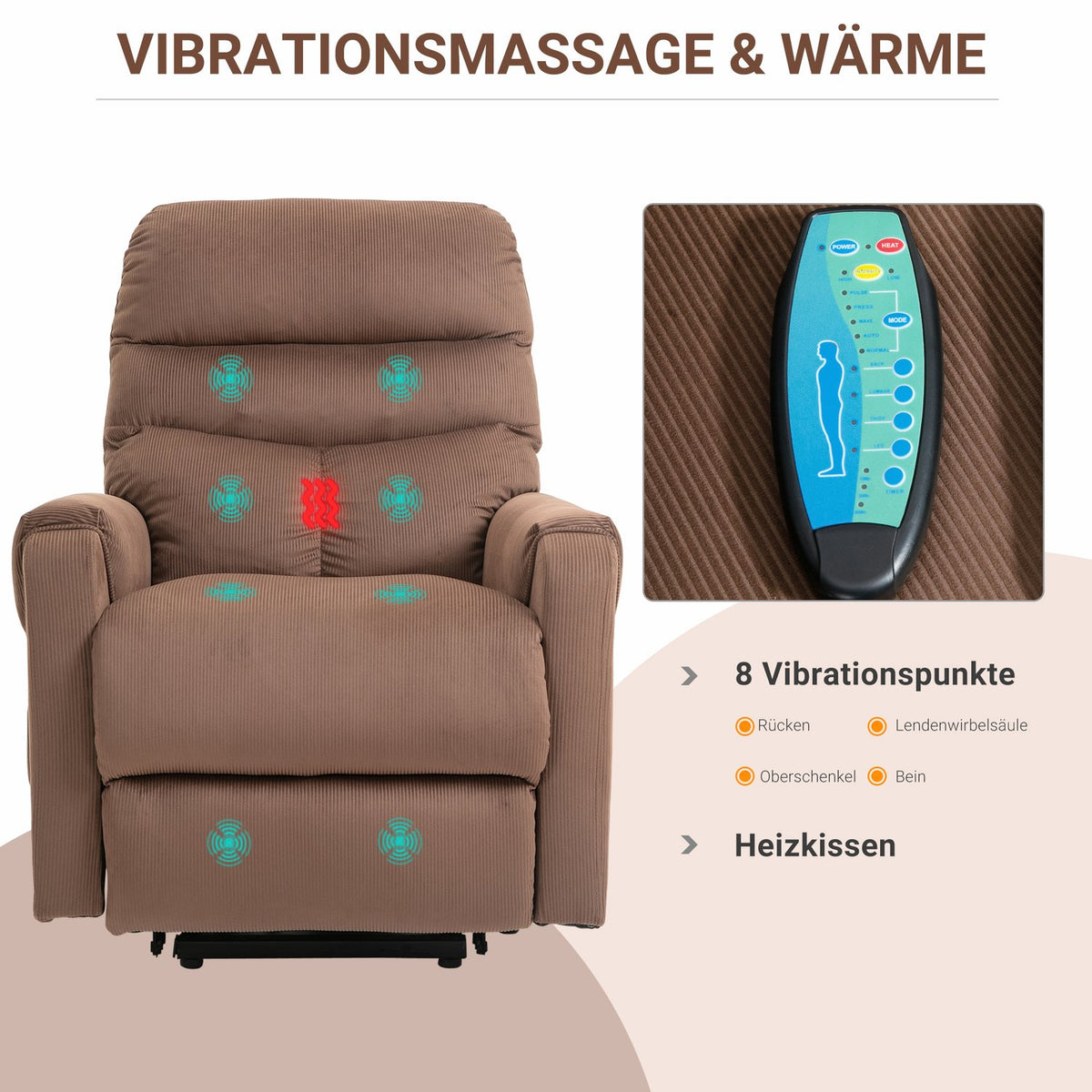 TV armchair, electric stand-up chair with massage function, remote control, heating, reclining function, polyester, light brown, 79x97x103cm