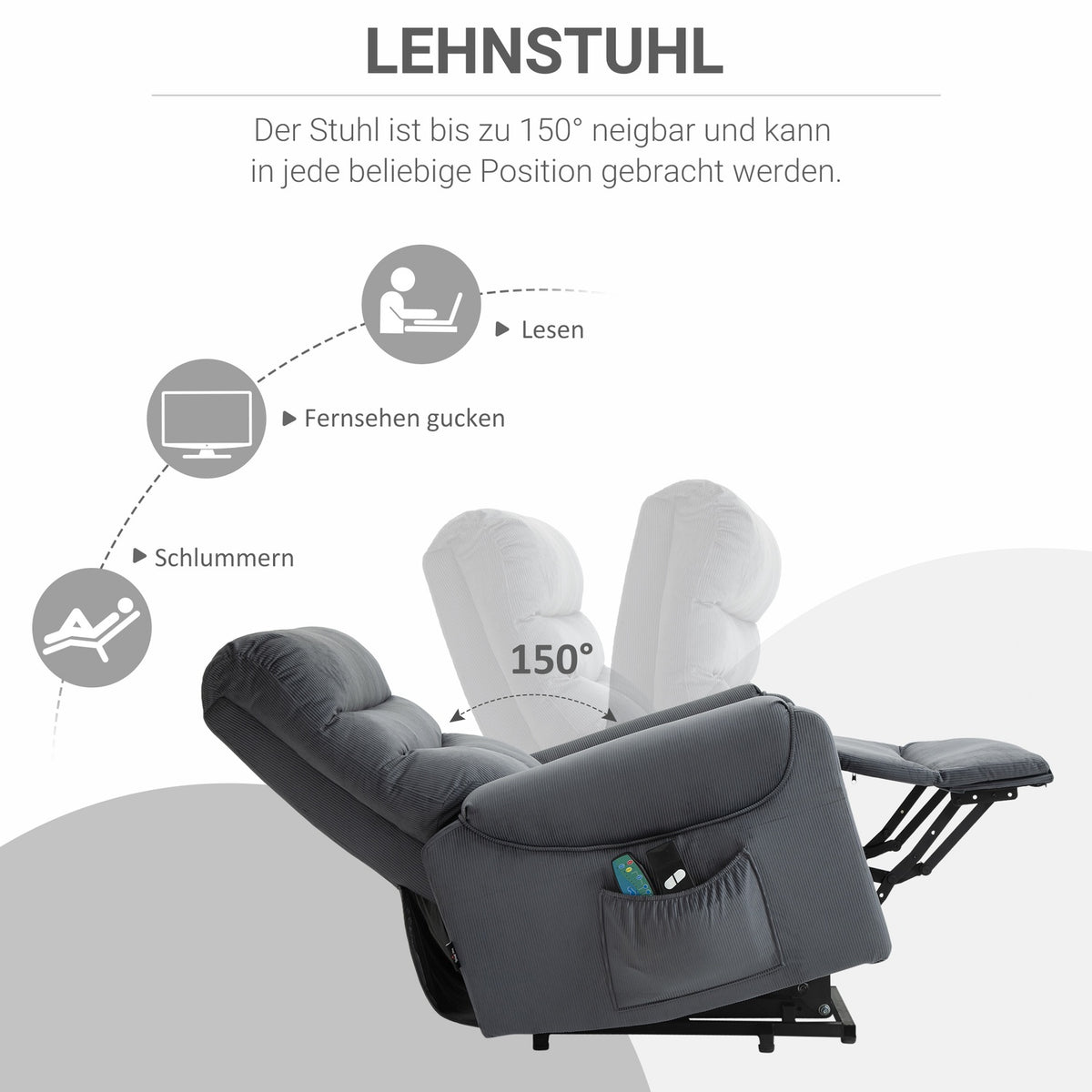 TV armchair with massage function and stand-up aid, electrically adjustable with heating and reclining function, dark gray, 79 x 97 x 103 cm