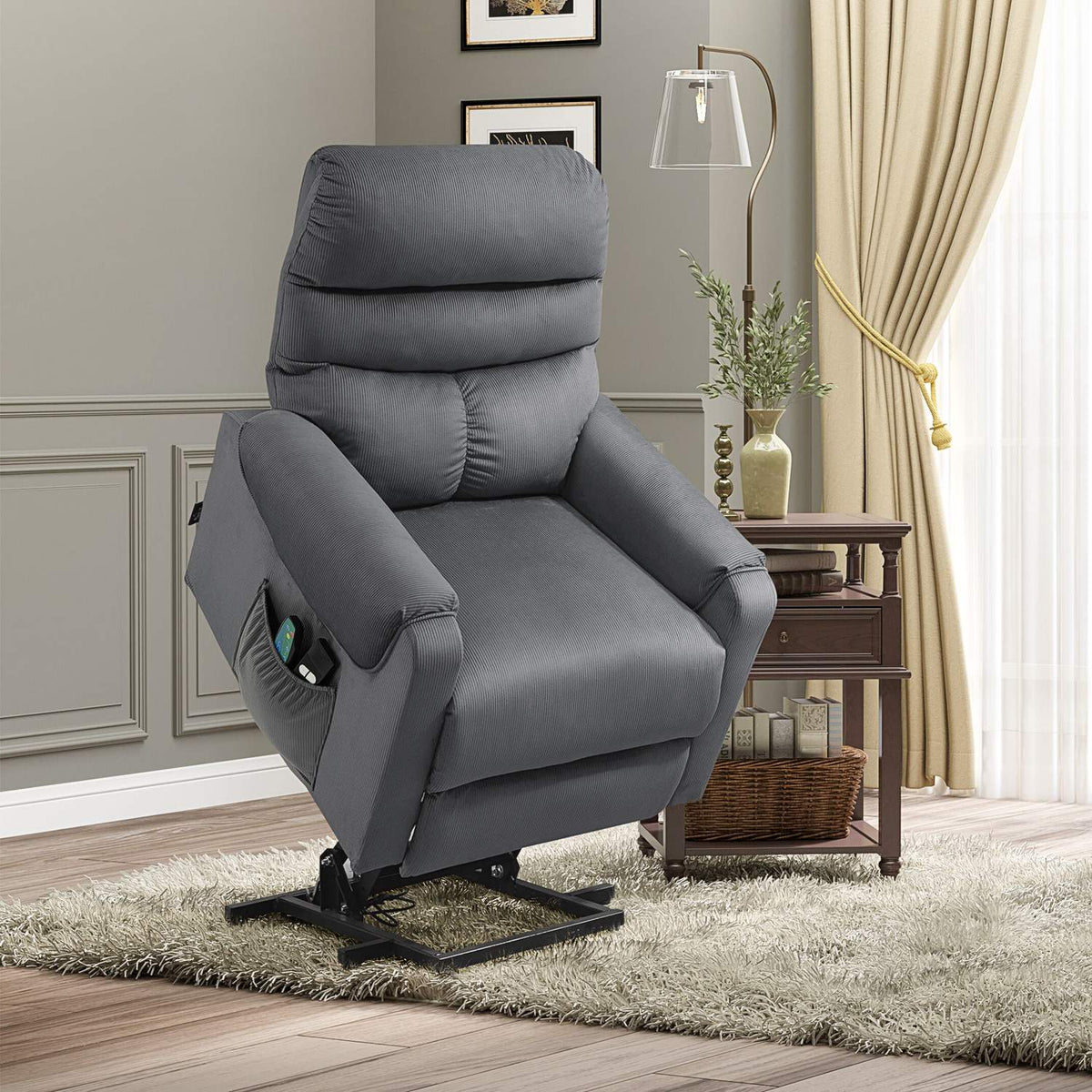 TV armchair with massage function and stand-up aid, electrically adjustable with heating and reclining function, dark gray, 79 x 97 x 103 cm