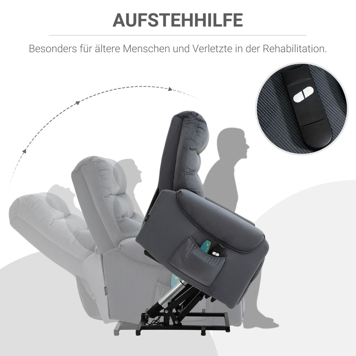 TV armchair with massage function and stand-up aid, electrically adjustable with heating and reclining function, dark gray, 79 x 97 x 103 cm