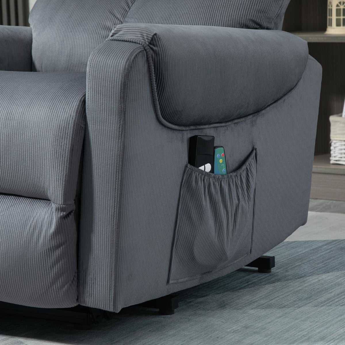 TV armchair with massage function and stand-up aid, electrically adjustable with heating and reclining function, dark gray, 79 x 97 x 103 cm