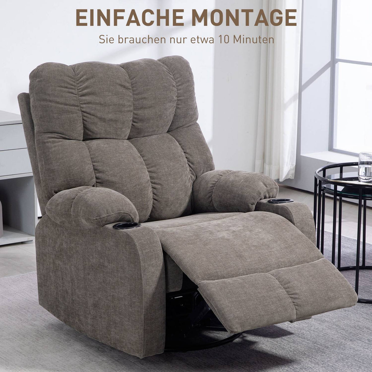 TV armchair with reclining function, 360° rotatable, 135° tiltable, with pocket spring core, elastic straps, cup holder, 88x96x108cm, brown