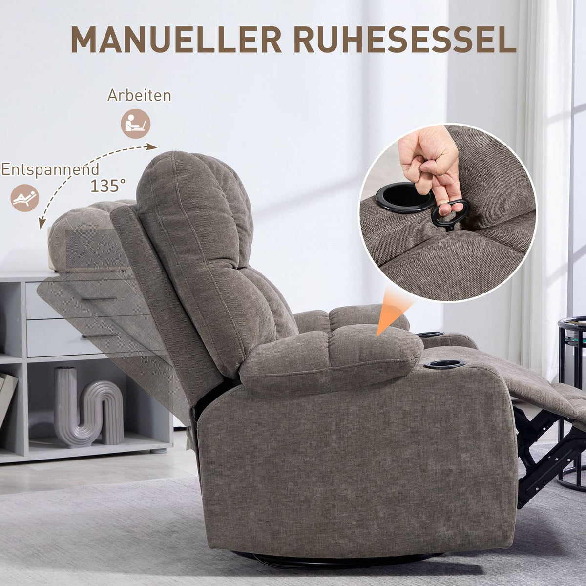 TV armchair with reclining function, 360° rotatable, 135° tiltable, with pocket spring core, elastic straps, cup holder, 88x96x108cm, brown