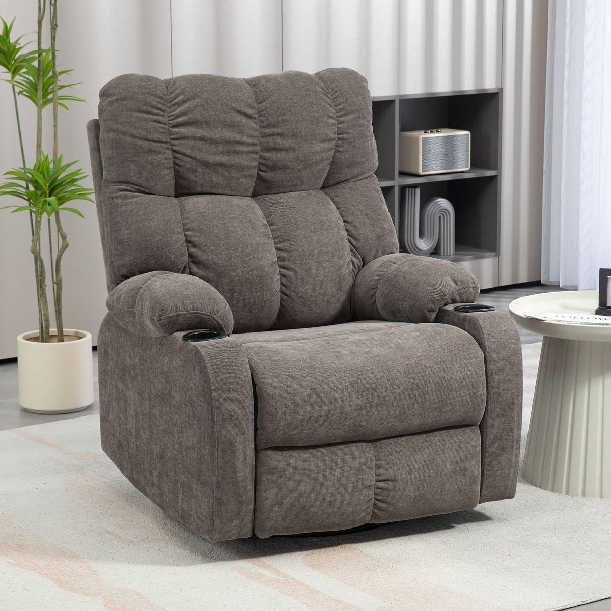 TV armchair with reclining function, 360° rotatable, 135° tiltable, with pocket spring core, elastic straps, cup holder, 88x96x108cm, brown