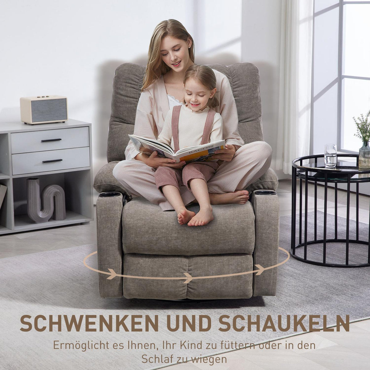 TV armchair with reclining function, 360° rotatable, 135° tiltable, with pocket spring core, elastic straps, cup holder, 88x96x108cm, brown