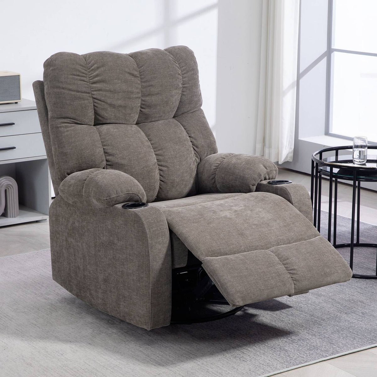 TV armchair with reclining function, 360° rotatable, 135° tiltable, with pocket spring core, elastic straps, cup holder, 88x96x108cm, brown