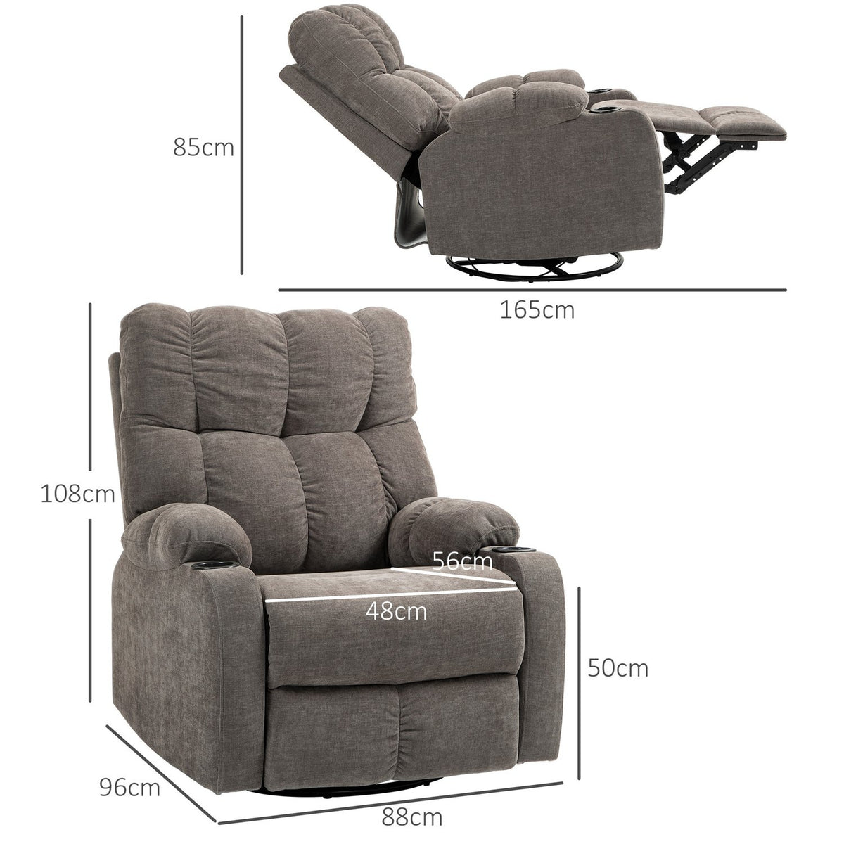TV armchair with reclining function, 360° rotatable, 135° tiltable, with pocket spring core, elastic straps, cup holder, 88x96x108cm, brown