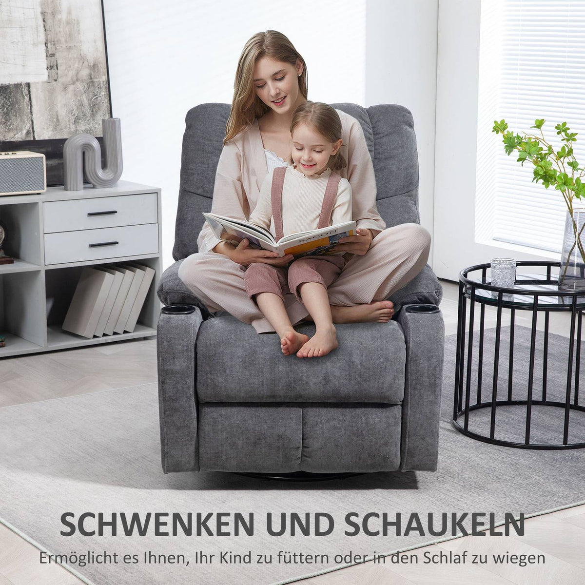 TV armchair with reclining function, 360° rotatable, 135° tiltable, with pocket spring core, elastic straps, cup holder, 88x96x108cm dark gray