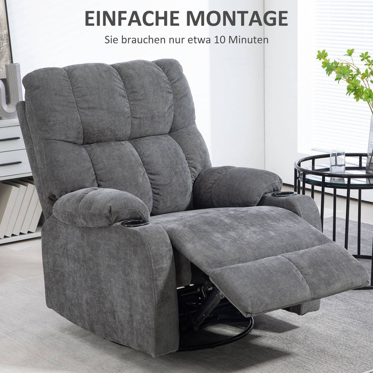 TV armchair with reclining function, 360° rotatable, 135° tiltable, with pocket spring core, elastic straps, cup holder, 88x96x108cm dark gray