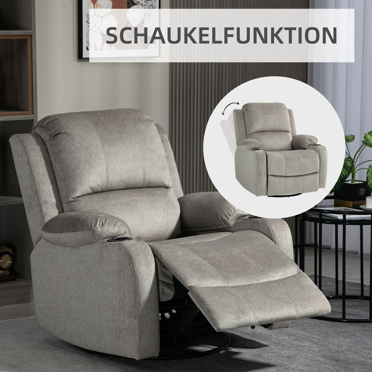 TV armchair with reclining function, 360° rotatable, rocker function, with pocket spring core, footrest, cup holder, 87L x 95W x 102H cm, brown