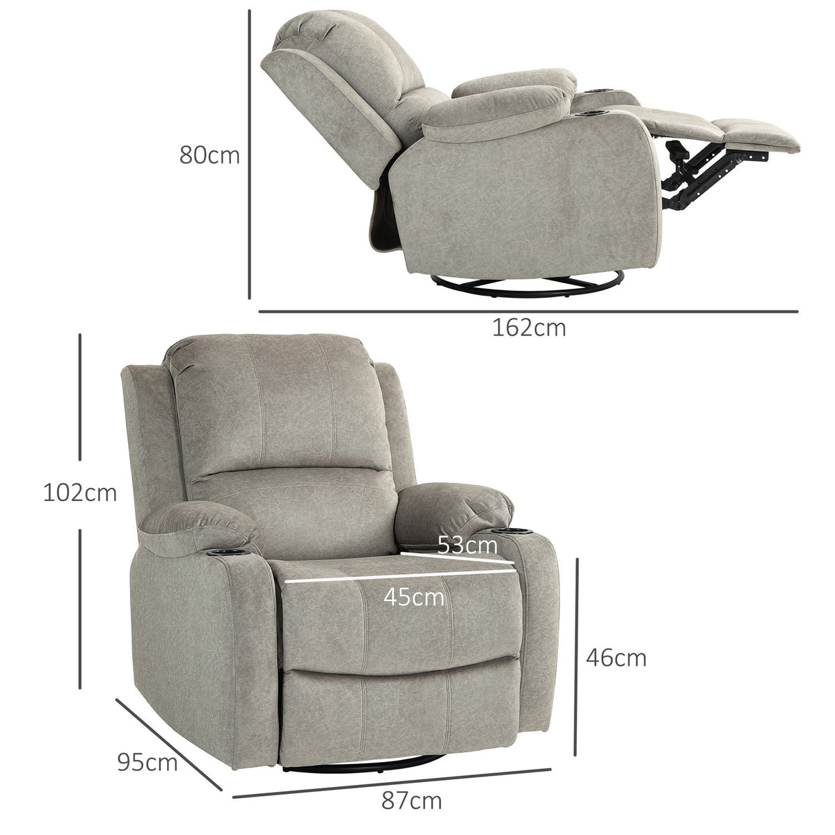 TV armchair with reclining function, 360° rotatable, rocker function, with pocket spring core, footrest, cup holder, 87L x 95W x 102H cm, brown