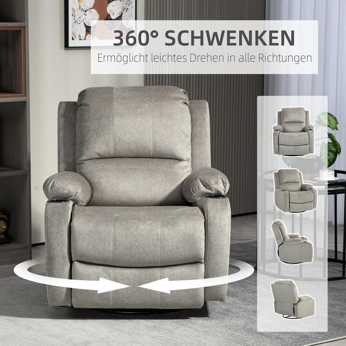 TV armchair with reclining function, 360° rotatable, rocker function, with pocket spring core, footrest, cup holder, 87L x 95W x 102H cm, brown