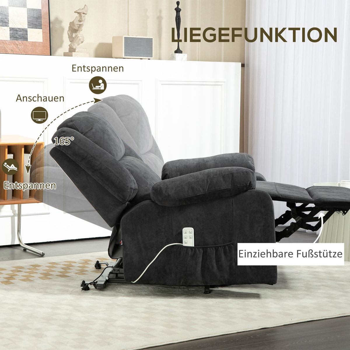 TV armchair with stand-up aid, electric recliner with reclining function, TV armchair with side pocket, remote control, black